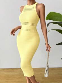 SHEIN Clasi Women Sleeveless Casual Simple Textured Perforated Pleated Sweater Dress - Yellow - View 4