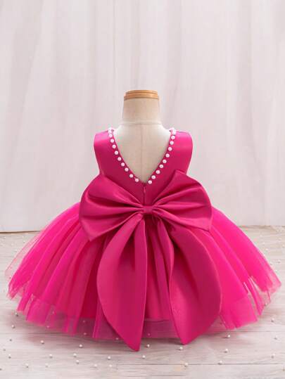SHEIN Glamorique Kids Baby Girl Christmas Princess Dress, Dance Party Formal Dress, Flower Dress For Party&Wedding, Pink Tulle Puff Skirt, White Beaded V-Back Big Bow Princess Formal Dress Baby Purple Dress Baby Girls Party Dresses Hot Pink Baby Dress Baby Birthday Dress Baby Girl Hot Pink Dress Pink Baby Birthday Dress Toddler Pink Ball Gown Hot Pink Bow Dress Fall Winter
