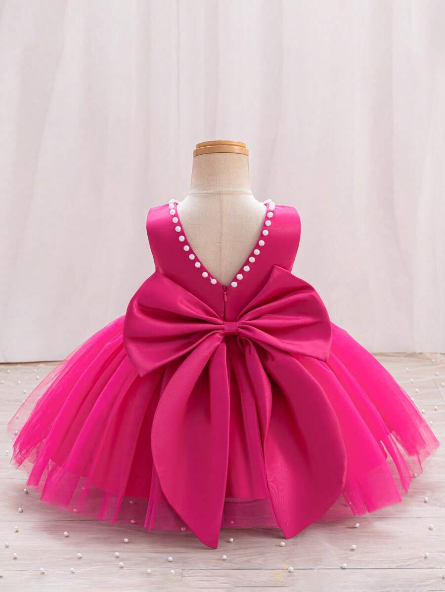 SHEIN Glamorique Kids 女婴圣诞公主裙、舞会礼服、派对和婚礼花裙、粉色薄纱泡泡裙、白色串珠 V 字背大蝴蝶结公主礼服婴儿紫色连衣裙 - 玫紅色 - 查看 1