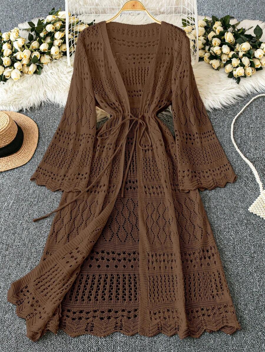 DreamSkyne 大码女式纯色海滩度假浪漫钩针编织网眼抽绳蝴蝶结开衫西部风 - 咖啡棕 - 查看 1