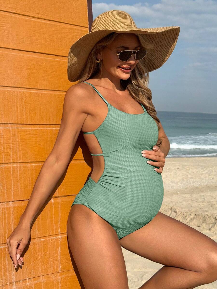 SHEIN Maternity Ribbed Elegant Backless One-Piece For Summer Beach Vacation - Olive Green - View 1