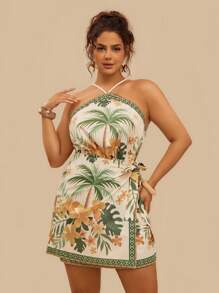 Travachic Plus Size Women Tropical Print Wrap Tie Neck Sleeveless Dress, Summer Beach Vacation Style Women Short Dresses Summer Women Summer Clothing Woman S Summer Clothes Women Summer Sets Women S Clothes,Summer Dresses For Women
