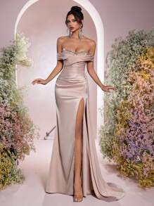 Glamrae Elegant Khaki Satin Knitted Strapless Tube Ball Gown,Luxury Sequin Patchwork Ruched Waisted Side Slit Fishtail Hem Train,Wedding Guest Formal Event - Khaki - View 7
