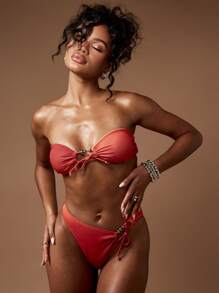 MISSGUIDED Bandeau Style Beach Bikini Top With Metal Ring Accent Pool Party Summer Beachwear Adjustable Side Tie Swim Top
