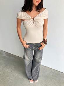 Aloruh Women's Elegant Hollowed Metal Button Decor Off-Shoulder Solid Beige Fitted T-Shirt - Apricot - View 4