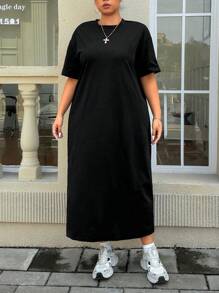 Muchica Plus Size Round Neck Short Sleeve T-Shirt Dress  Black Women Dresses - Black - View 3