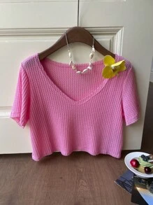 SHEIN EZwear Women Hot Pink Waffle Knit Crop Top For Summer - Pink - View 4