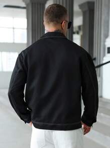 Manfinity Homme Men's Fashion Button Up Black Jacket, Suitable For Summer, Fall - Black - View 2