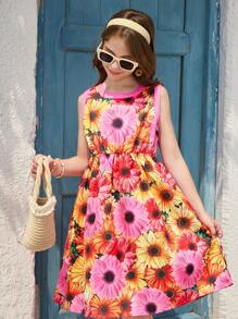 SHEIN Tween Girls Colorful Holiday Sunflower Print Round Neck Sleeveless Dress, Suitable For Summer Seaside Vacation Wear - Multicolor - View 5