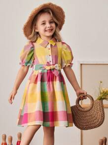 PrepCrw Vestido camisa con cinturón con estampado de cuadros de colores para niña, estilo escolar