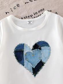 Wildeya Conjunto casual de 2 piezas para niñas pequeñas, camiseta blanca de manga corta con moño y pantalones acampanados de aspecto de jean azul de punto, conjunto de verano lindo