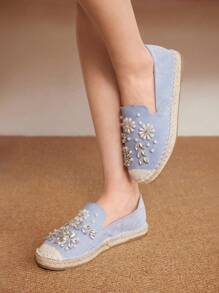 Styleloop Women's Fashion Light Blue Pearl Floral Rhinestone Espadrille Flat Shoes, Suitable For Commuting, Dating, Party, Shopping, Holiday, Boho, Western, Music Festival, Casual Outfit - Blue - View 7