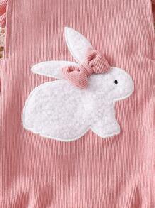 SHEIN Playful Pals 2件套婴儿可爱兔子刺绣毛球装饰连体衣套装，夏季