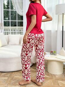 2件套女士休闲纯色圆领短袖上衣和印花裤睡衣套装