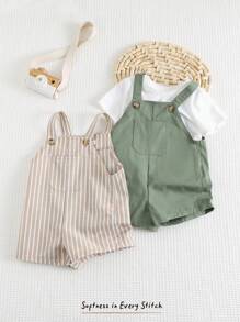 Cozy Pixies 2 Pieces Baby Boy Set: Striped & Solid Color Bib Overall Shortalls Baby Boy Overall Set Baby Boy Summer Outfit Summer Baby Outfits Newborn Summer Outfit Baby Boy Clothes Summer