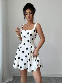 Elenzga 方领黑色波点优雅短款连衣裙 - 黑與白 - 查看 5