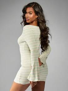 MISSGUIDED Đầm mini cổ thuyền tay chuông họa tiết sọc phong cách retro mùa xuân hè mùa hè ngày lễ Giáng sinh - màu xanh lá - Xem 2