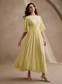 Anewsta New French Elegant Round Neck Patchwork Lace Ruffle 3/4 Sleeve Chiffon Slim Fit Midi Dress, Spring/Summer