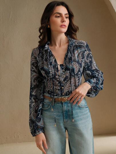 Anewsta 佩斯利印花长袖立领飘逸衬衫，适合伊比沙岛，春季，海滩