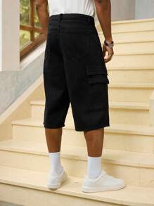 RivetRise 男士工装口袋宽松休闲百搭及膝牛仔短裤 - 黑色 - 查看 2