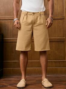 Manfinity Homme 男式宽松休闲百慕大褶皱牛仔短裤，带口袋 - 卡其色 - 查看 7