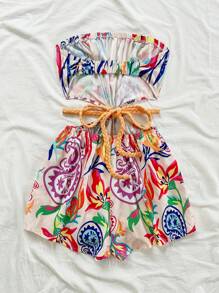 Soleia 女士节日棕色柳条叶纹理抹胸镂空腰系带连体裤，适合海滩、音乐节、嬉皮士、派对、约会和下午茶 - 彩色 - 查看 2