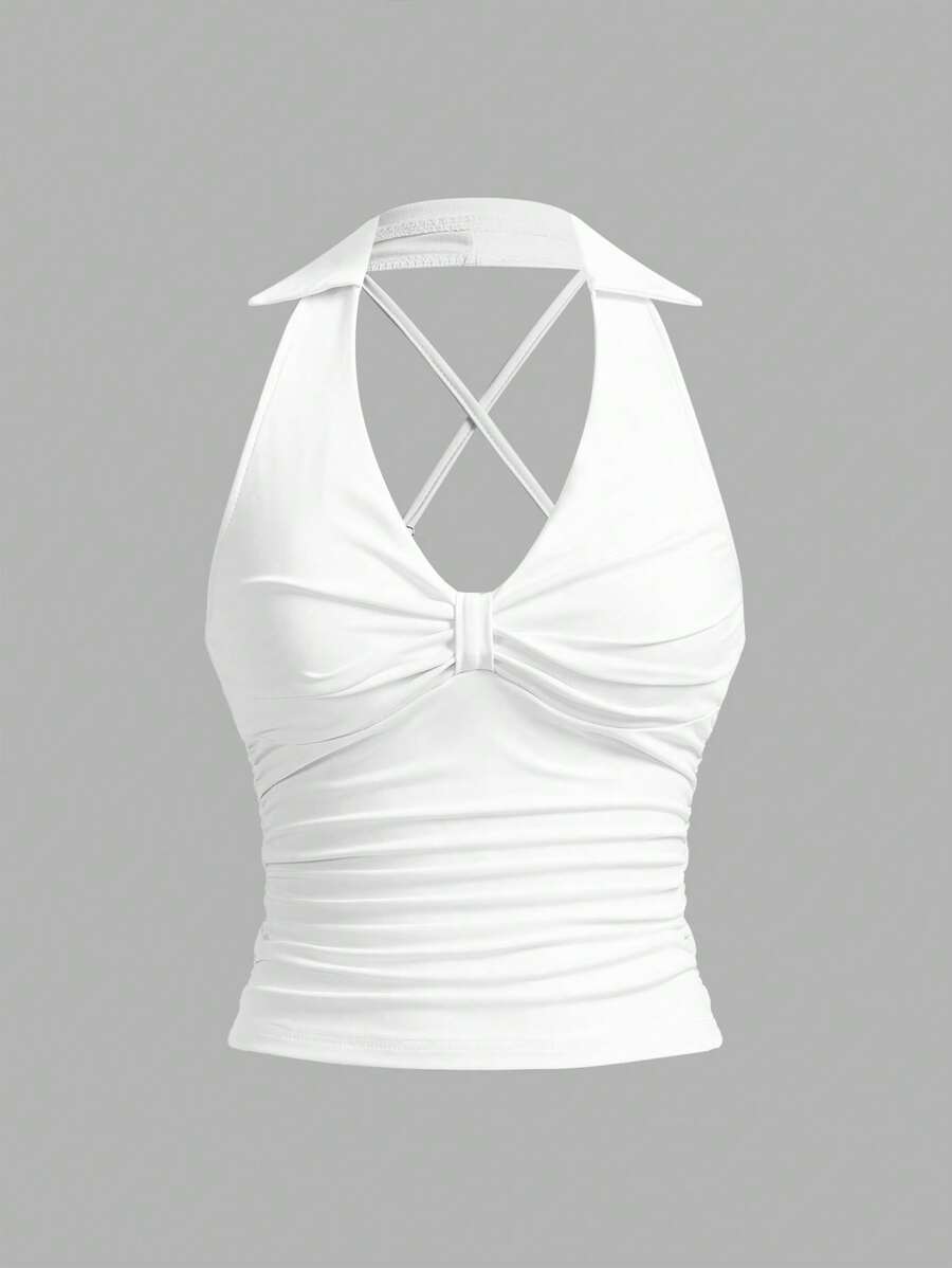 SHEIN ICON 复古性感 Y2K 女士黑色蝴蝶结扭腰镂空后背吊带上衣 - 白色 - 查看 1