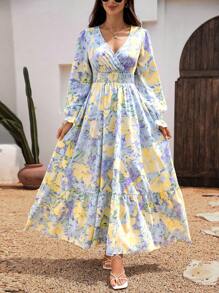 EMERY ROSE Women's Plant Print Wrap Waist Midi Dress Maxi Women Outfit Fall Cloth For Women