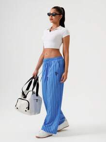 Hanevo Minimalist Striped Drawstring Embroidery Straight Leg Women Athletic Pants - Multicolor - View 1