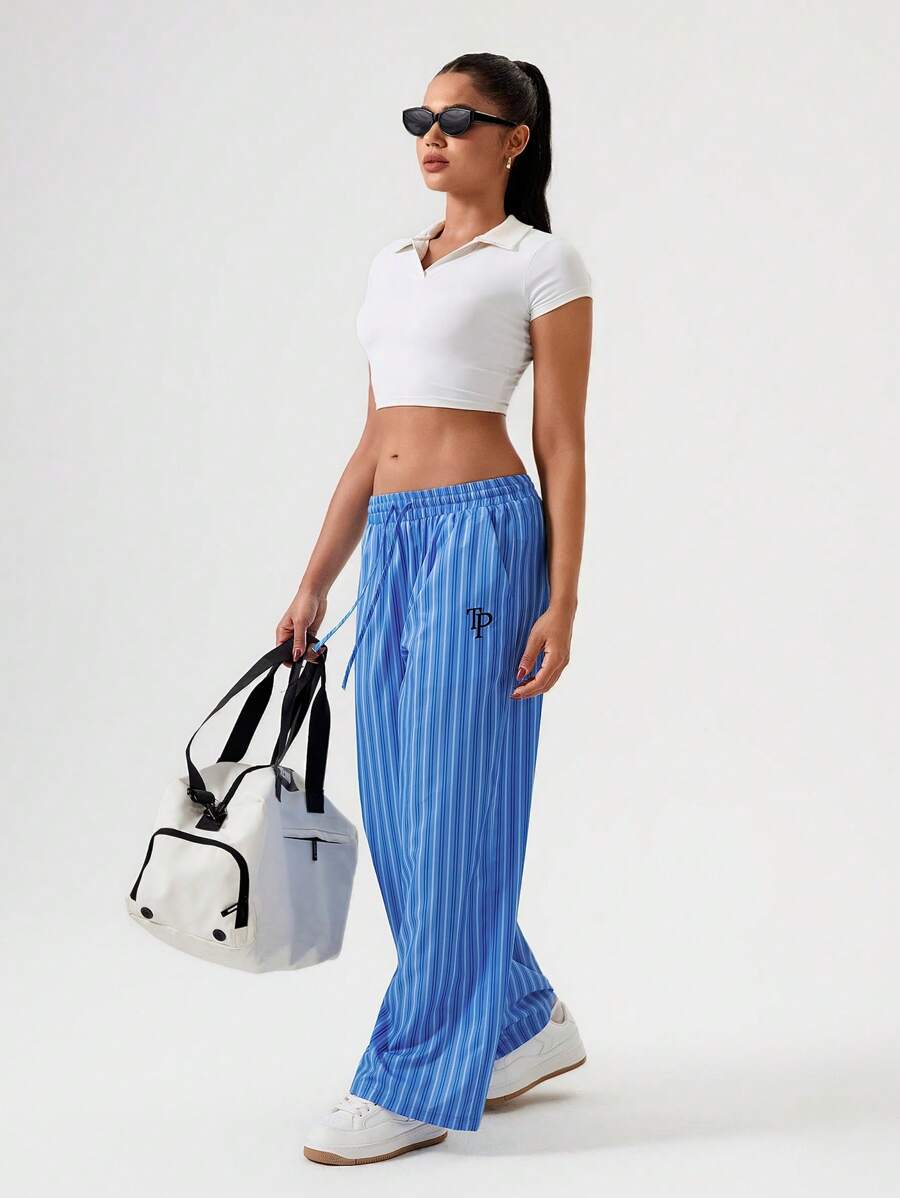 Hanevo Minimalist Striped Drawstring Embroidery Straight Leg Women Athletic Pants - Multicolor - View 1