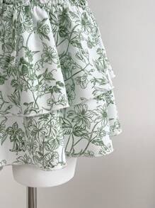 Elamini Waist Gathering Ditsy Floral Green Skirt, Fashionable For Summer