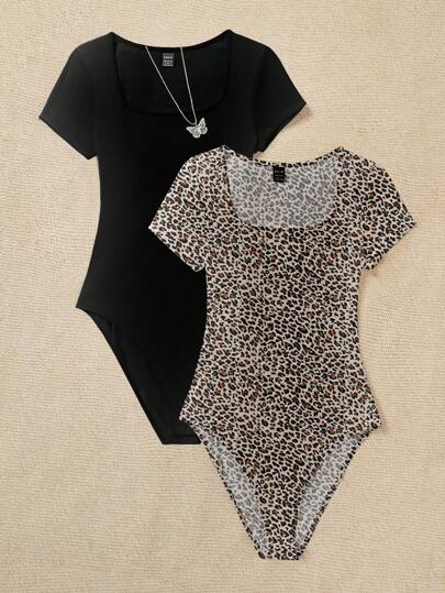 Attitoon Set de 2 bodys de mujer talla grande con estampado de leopardo y unicolor, body casual minimalista de cuello redondo y manga corta, adecuado para el verano