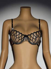 SHEIN 刺绣蕾丝透明蝴蝶结装饰成熟优雅钢圈文胸，女士无衬里日常穿着文胸 - 黑色 - 查看 7