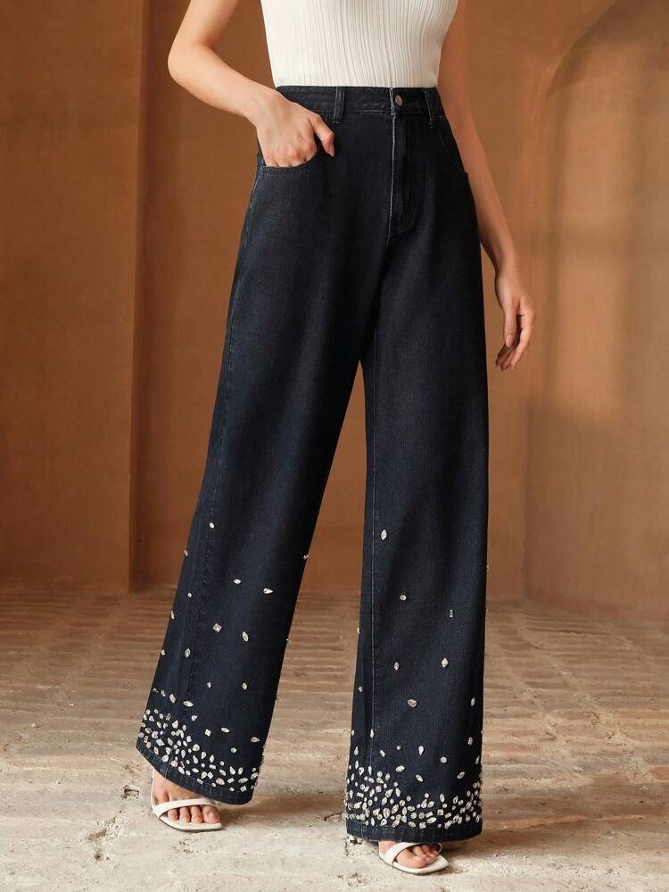 Women's Black Denim Long Jeans With Rhinestone Embellishments And Zipper Detail