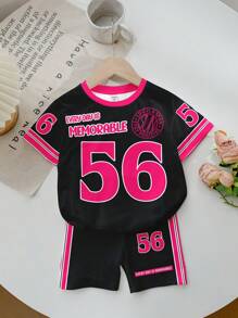 SHEIN 2pcs/Set Girls Casual Sports Style Outfit, Includes: 56 Graphic T-Shirt With "Every Day Is Memorable" Slogan Print And Contrast Color Block Sleeves, Matching Cycling Shorts, Suitable For Summer, Sports, Fitness, Shopping, And Social Activities
