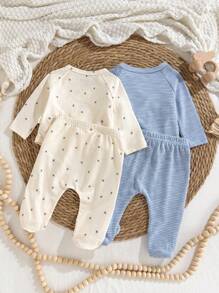 Loomiva 新生儿 4 件套：小碎花柔软针织圆领长袖套头衫和松紧腰裤 - 彩色 - 查看 2