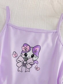 Tween Girls Pajama Set - Cute Pattern Camisole And Shorts 2Pcs Loungewear Back To School Fashion - Purple - View 5