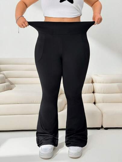 Solflare Pantalones anchos de punto elástico de cintura alta con bolsillos para mujer talla grande, para uso casual, yoga, al aire libre, de vuelta al colegio, para otoño e invierno, color negro sólido, con leggings de bolsillos