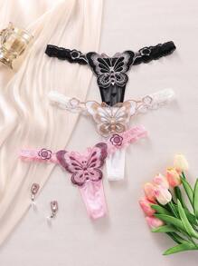 SHEIN 3 件女式低腰蕾丝丁字裤性感内裤，心形图案，随机方向 - 彩色 - 查看 3