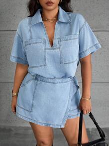 SHEIN ICON Áo khoác denim màu trơn cỡ lớn, thời trang cho mùa hè - Rửa nhẹ - Xem 6