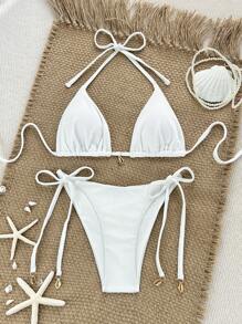 SHEIN 2 件套全新纯色纹理打结侧高开叉丁字裤白色比基尼，女士夏季海滩度假泳装
