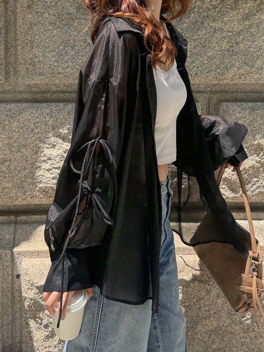 FRIFUL 女士纯色前结长袖宽松休闲衬衫 - 黑色 - 查看 1