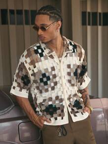 AXEPEAK Soluble Floral Print Turn-Down Collar Loose Fit Men's Knit Top, Streetwear-Inspired