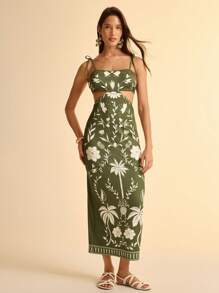 CAJUNI 女式度假波西米亚绿椰子树和热带花卉印花针织腰部收紧版型镂空后背带性感休闲夏季细肩带长裙 - 彩色 - 查看 7