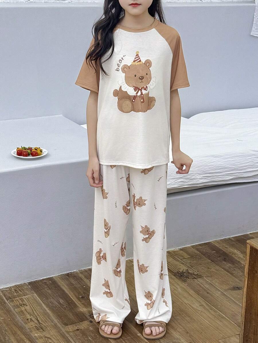 SHEIN 2 Pcs Tween Girl Cute Cartoon Bear Print Color Blocking Raglan Sleeve Round Neck Short Sleeve Top And Loose Casual Knit Pajama Set - White - View 1