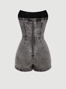 SHEIN MOD 女式休闲水洗牛仔挂脖连体衣 - 灰色 - 查看 2