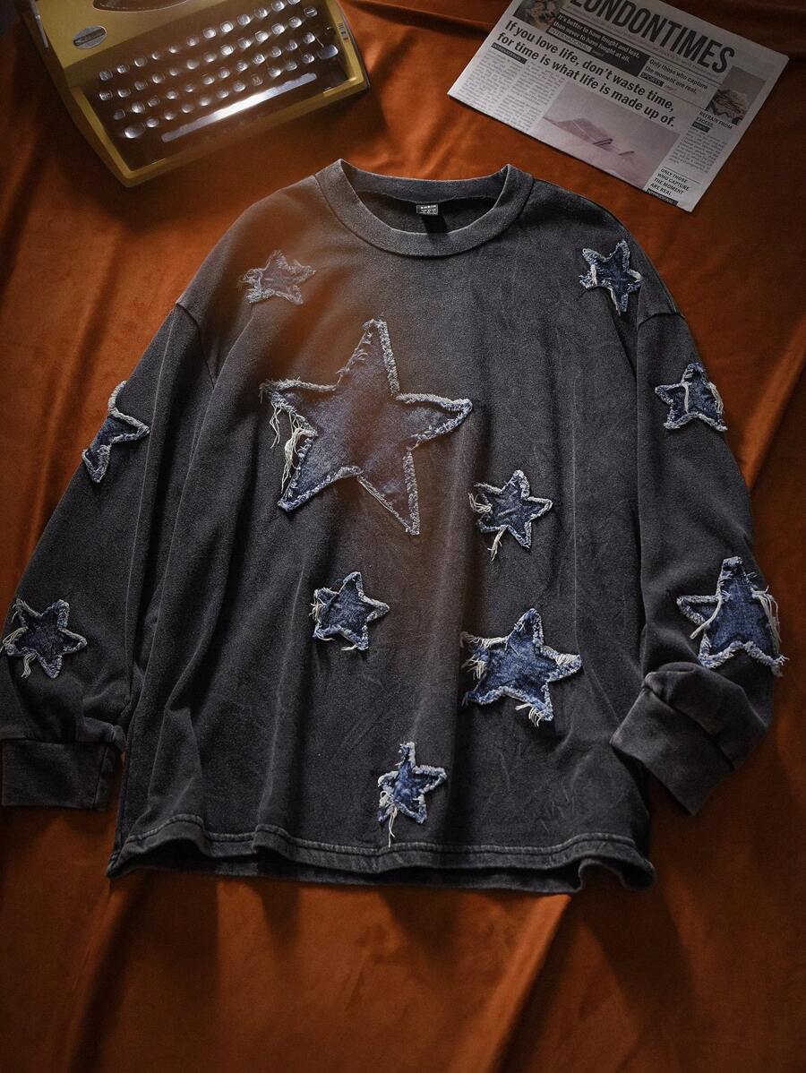 Easelle Sweatshirt Wanita Motif Rave Festival Retro dengan Bordir Patch Bintang Lima dan Bahan Water Washed, Kaos Lengan Panjang Kasual - Hitam - View 1