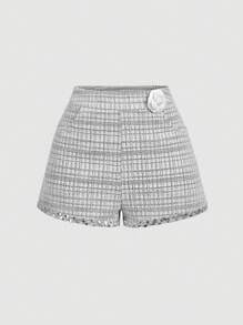 SHEIN MOD 黑白格纹 3D 花朵高腰粗花呢短裤 - 黑與白 - 查看 1