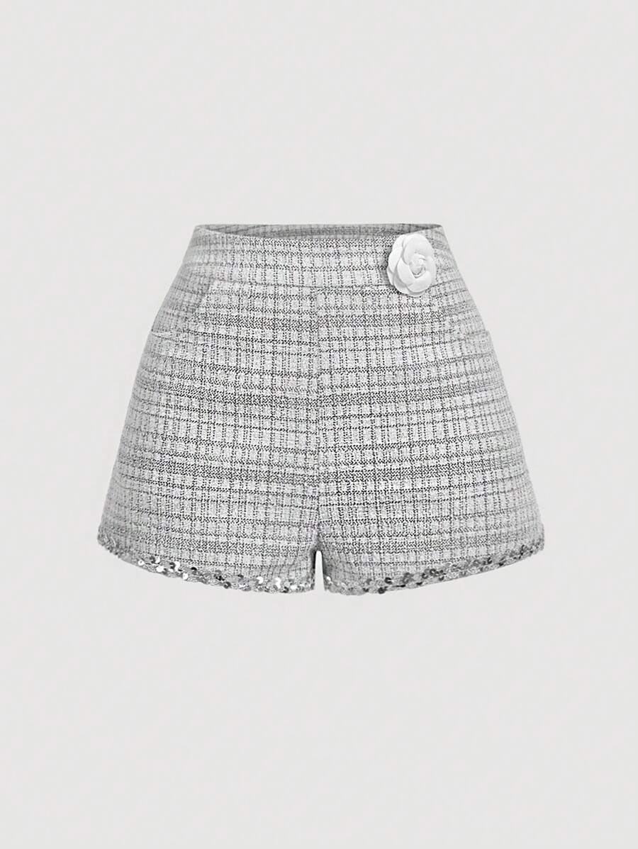 SHEIN MOD 黑白格纹 3D 花朵高腰粗花呢短裤 - 黑與白 - 查看 1
