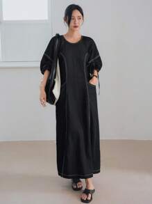 Dazy-Less Vestido midi reto vintage com cordão e decoração, roupa de escritório, casual, elegante, para viagem, de manga curta, jeans, para mulheres - Preto - Ver 5